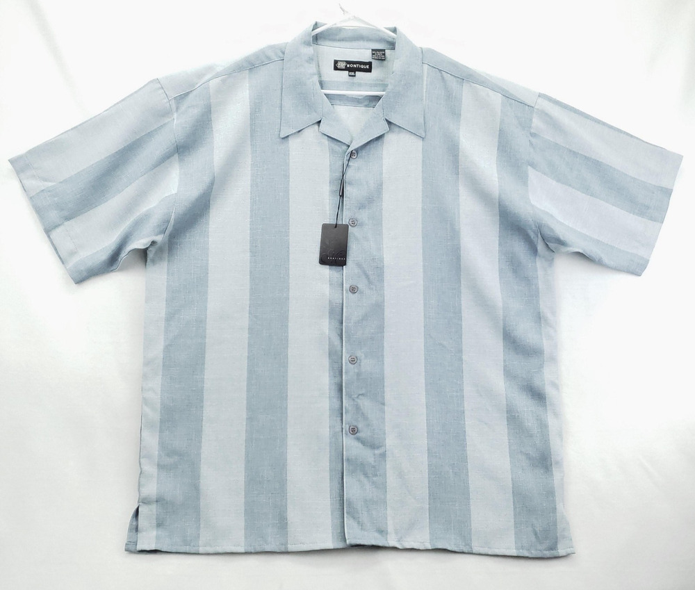 NEW Montique Shirt Mens 2XL Blue Striped Button Up Short Sleeve Camp Casual